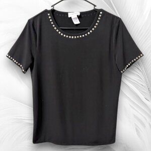 Carmen Marc Valvo Black Studded Trim Short Sleeve Top Size S